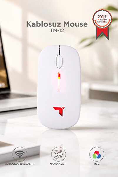 Torima Mouse Sessiz Ergonomik Rgb Işıklı Kablosuz Optik Fare TM12 Beyaz