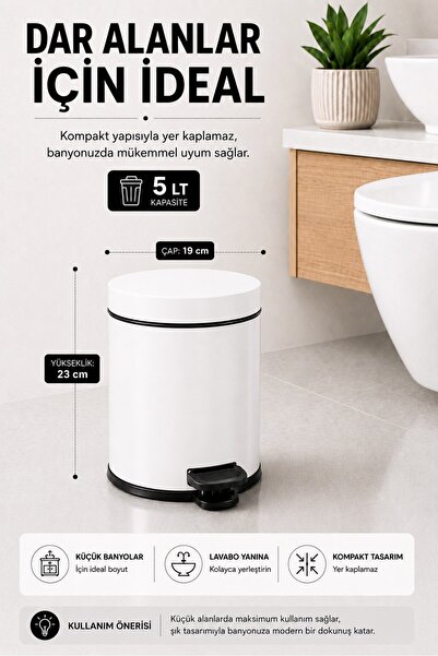 Sas Haus Pedallı Çöp Kovası 5 Litre İç Kovalı Kapaklı Banyo Çöp Kutusu Beyaz - Titan 7005