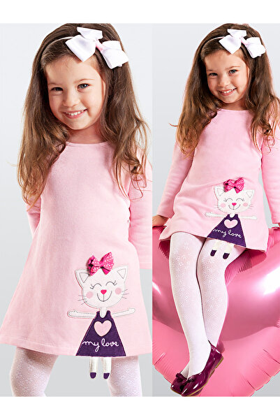 Denokids Pink Naughty Cat Girl's Winter Long Sleeve Dress