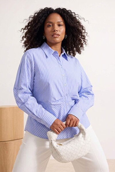 Trendyol Curve Blue Balloon Sleeve Detailed Asymmetrical Fitted Shirt Tbbss26...