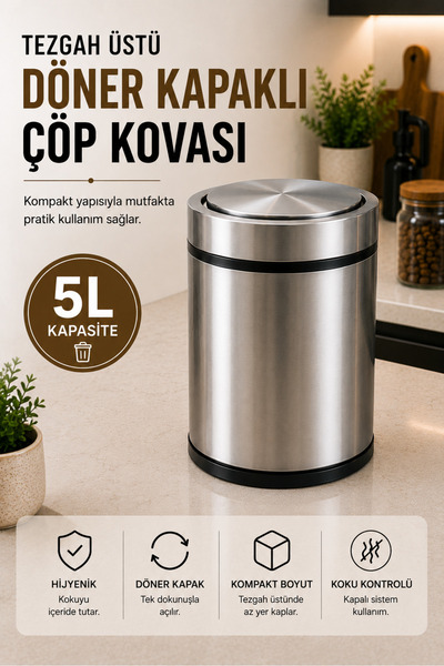 Sas Haus Premium 5 Litre Krom Minimalist Paslanmaz Çelik Tezgah Üstü Çöp Kova...