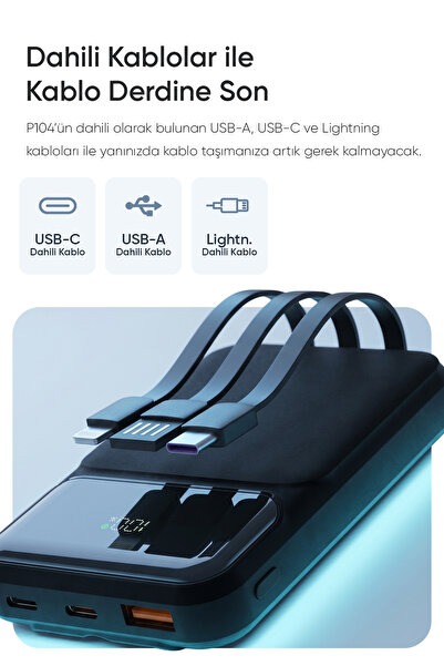 S-LINK P104 10000mAh PRM Dahili Kablolu HSC22.5W+PD20W Siyah LCD Powerbank