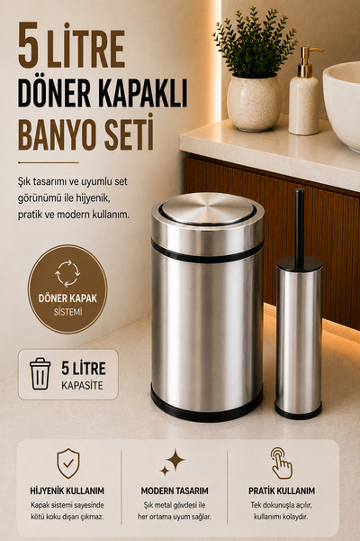 Sas Haus Modern Banyo Seti 5 Lt Döner Kapaklı Çöp Kovası + Tuvalet Fırçası WC...