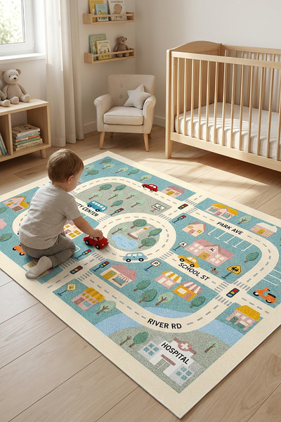 Decomia Home Dijital Kaymaz Yıkanabilir Arabalı Yol Haritası Oyun Halısı Çocu...
