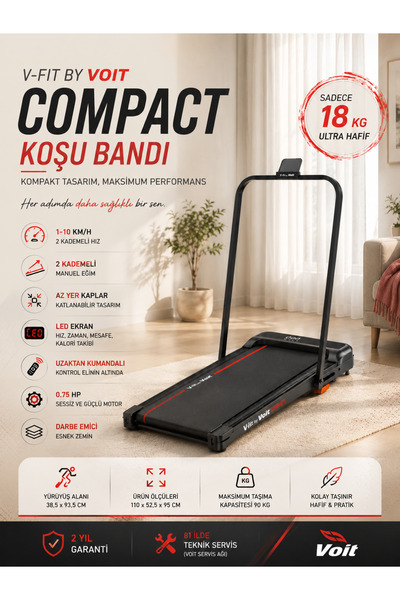 Voit Compact Ultra Hafif Koşu Bandı – Manuel Eğimli, Katlanabilir Tasarım 10k...