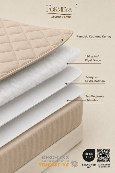 Formeya Premium Bej %100 Pamuk Kapitone Fitted Full Kenar Su Sıvı Geçirmez Yatak Koruyucu Alez Tüm Ölçüler
