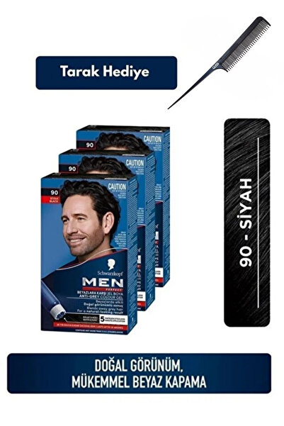 Schwarzkopf Men Perfect 90 Siyah Erkek Saç Boyası 3’lü Set + Tarak Hediyeli