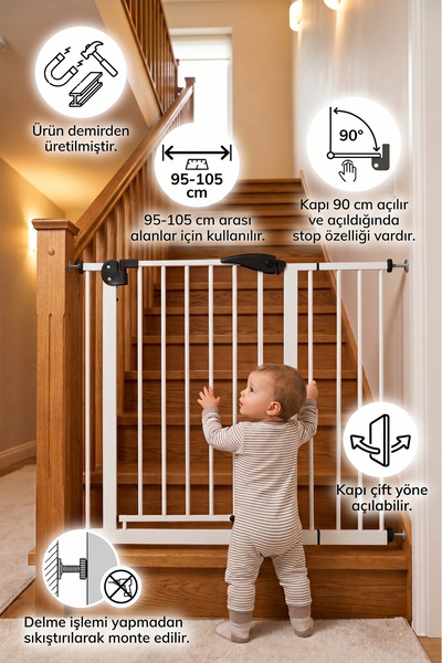 Wellgro Güvenlik Kapısı 95-105 Cm Arası Kullanım İmkanı, Beyaz Renk