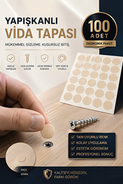 Badem10 Yapışkanlı Vida Tapası Tıpası Krem Vida Kapatıcı Kapağı (100 Adet)