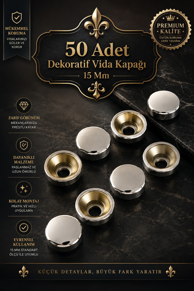 Badem10 Dekoratif Vida Kapağı Kapatıcı 15 Mm Parlak Krom Metal Vida Tapası Tı...