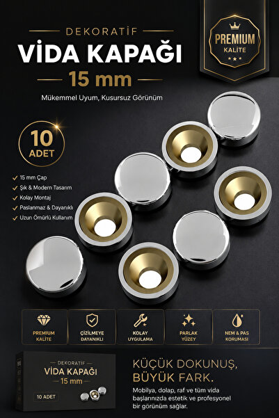 Badem10 Dekoratif Vida Kapağı Kapatıcı 15 Mm Parlak Krom Metal Vida Tapası Tı...