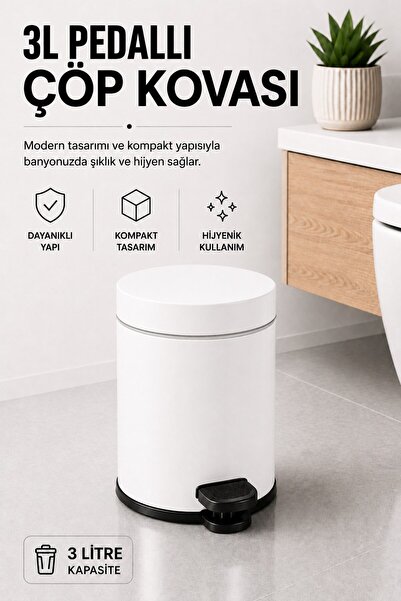 Sas Haus Pedallı Çöp Kovası 3 Litre İç Kovalı Kapaklı Banyo Çöp Kutusu Beyaz ...