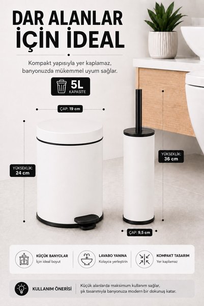 Sas Haus Pedallı Çöp Kovası 5 Litre İç Kovalı Kapaklı Tuvalet Fırçalı Banyo Seti Beyaz - Titan 7105