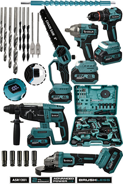 ASSUR 21V Darbeli Kömürsüz 5'li Set Kırıcı Delici Hilti - Taşlama - Somun Sık...