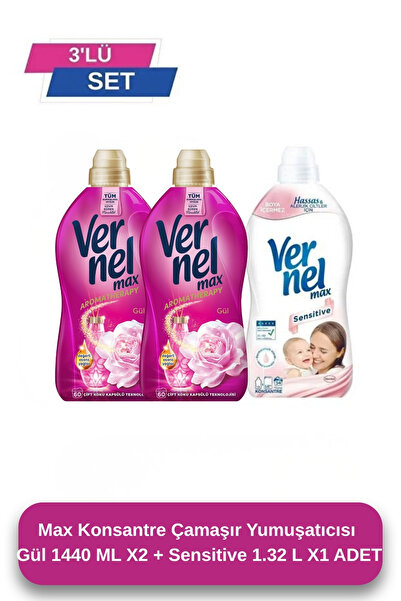 Vernel Max Konsantre Çamaşır Yumuşatıcısı 3 X 1440ml (180 YIKAMA) 2 Gül + 1 S...