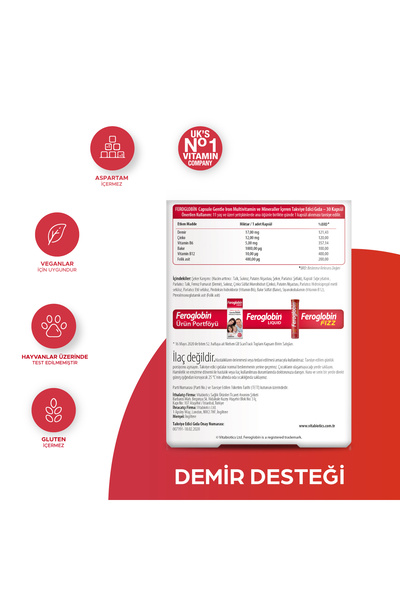 Vitabiotics Feroglobin Demir,Vitamin B12,Folik Asit,Çinko,Bakır İçeren Gıda Takviyesi 30 Kapsül