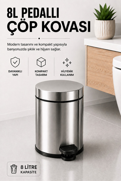 Sas Haus Pedallı Çöp Kovası 8 Litre İç Kovalı Kapaklı Banyo Çöp Kutusu Krom -...