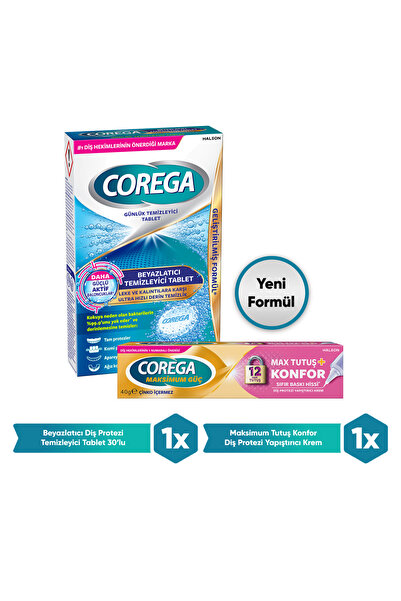 Corega Max Tutuş & Konfor Diş Protezi Yapıştırıcı 40gr Protez Beyazlatıcı Tab...
