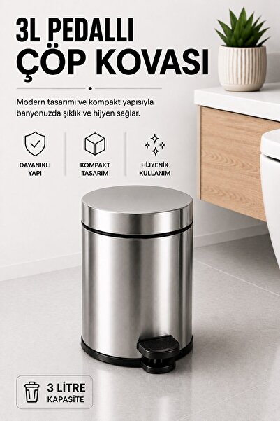 Sas Haus Pedallı Çöp Kovası 3 Litre İç Kovalı Kapaklı Banyo Çöp Kutusu Krom -...