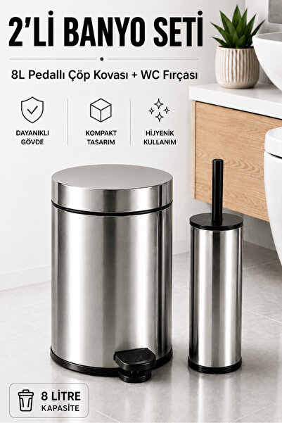 Sas Haus Pedallı Çöp Kovası 8 Litre İç Kovalı Kapaklı Tuvalet Fırçalı Banyo S...
