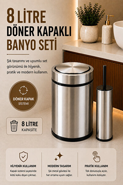 Sas Haus Modern Banyo Seti 8 Lt Döner Kapaklı Çöp Kovası + Tuvalet Fırçası WC...