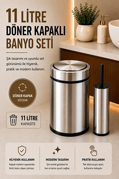Sas Haus Modern Banyo Seti 11 Lt Döner Kapaklı Çöp Kovası + Tuvalet Fırçası W...