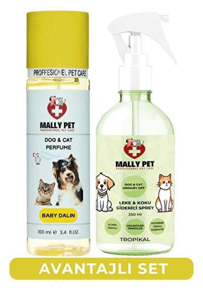 MALLY PET PROFESSIONEL PET CARE Kediler ve Köpekler İçin Koku Giderici Parfüm Seti (Bebek Şampuanı ve Tropikal)