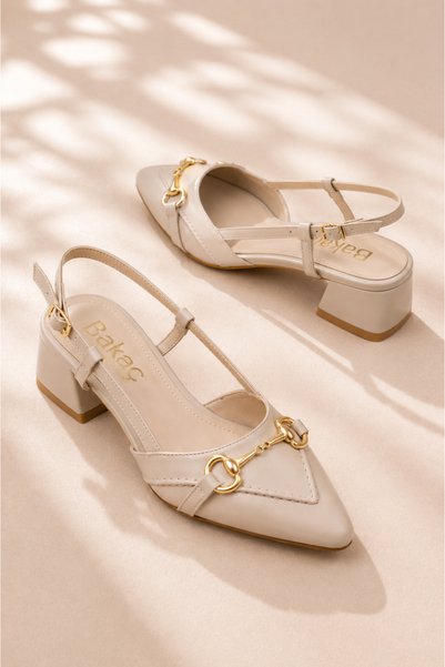 bakac store Women's Beige Saddled Buckle Pointed Toe Heeled Shoes