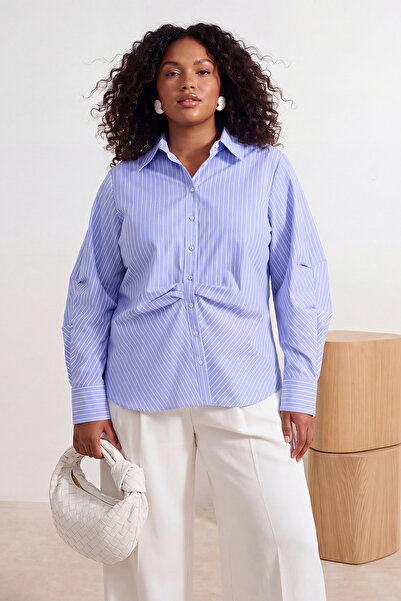 Trendyol Curve Blue Balloon Sleeve Detailed Asymmetrical Fitted Shirt Tbbss26...
