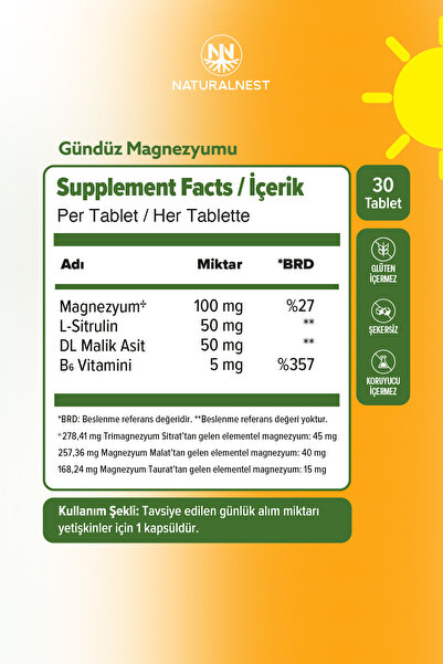 Naturalnest Magnezyum Kompleks Gece Gündüz -Sitrat-Malat-Taurat-Bisglisinat-Malik Asit-Valerian-B6 Vitamin 30+30