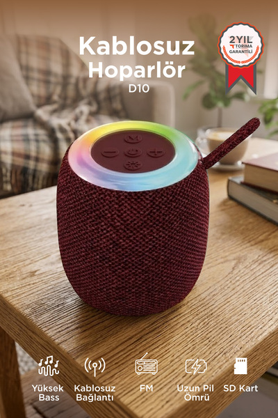 Torima Bluetooth Hoparlör Rgb Işıklı USB FM Destekli Radyo D10 Kırmızı