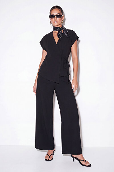 Trendyol Collection Black Kuruvaze Collar Belted Top Relaxed Cut Pants Bottom...
