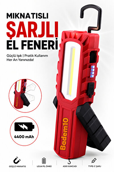 Badem10 Mıknatıslı İş Lambası Ledli El Feneri Askılı Işıldak Kamp Lambası 5+1...