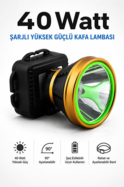 Badem10 Küçük Başlı Kafa Lambası 40 W Şarjlı Ledli Pilli Kamp Kafa Feneri 3 F...