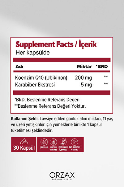 Orzax Ocean Koenzim Q10 200 mg Ubikinon + Karabiber Ekstresi 30 Kapsül
