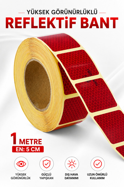Badem10 Tüvtürk Onaylı Kırmızı 1 Metre En: 5 Cm Reflektörlü Reflektif Fosforl...