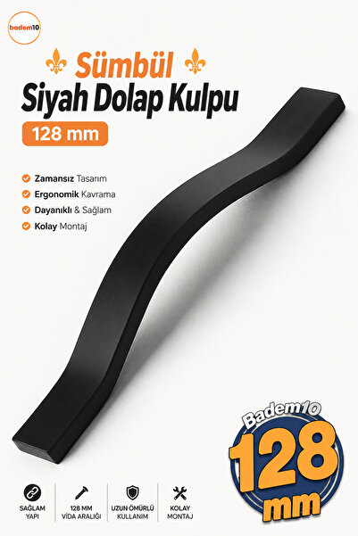Badem10 Sümbül Siyah Metal Kulp 128 mm Modern Mobilya Çekmece Kolu Mutfak Dol...