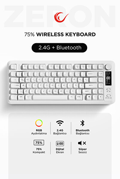 Rampage RM-K87 Zeron Beyaz Kablosuz RGB Oyuncu Klavyesi 2.4G + Bluetooth 75% ...