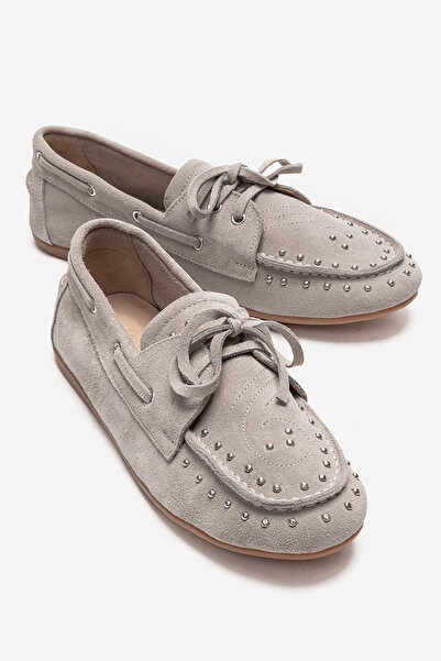 LuviShoes CUESTA Bej Süet Hakiki Deri Troklu Bağcıklı Kadın Loafer Ayakkabı