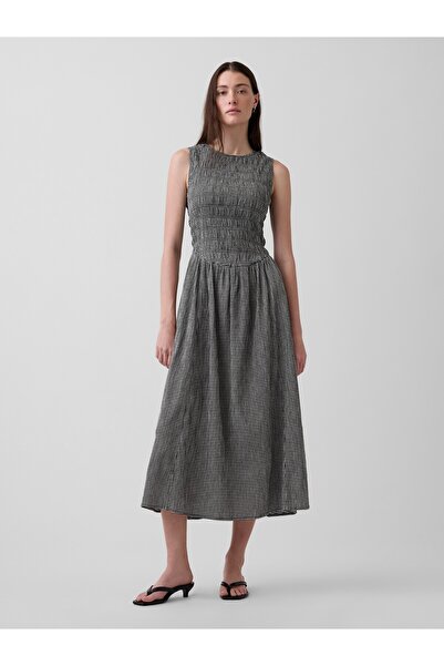 GAP SL DROPWAIST SEERSUCKER MAXI DRESS BLACK GINGHAM XS