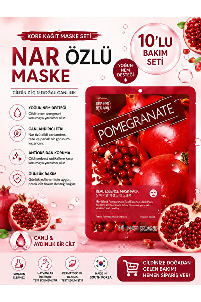 May Island Nar Özlü Yüz Maskesi 10’lu – Antioksidan Etkili & Cilt Canlandırıc...