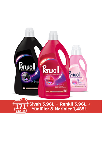 Perwoll Çamaşır Deterjanı 3'lü set (171 Yıkama) x1 Renkli 3,95L, x1 Siyah 3,9...