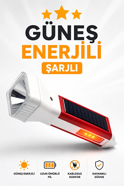 Badem10 USB Şarjlı - Güneş Enerjili El Feneri Kamp Lambası 5 Işık Modlu Beyaz...