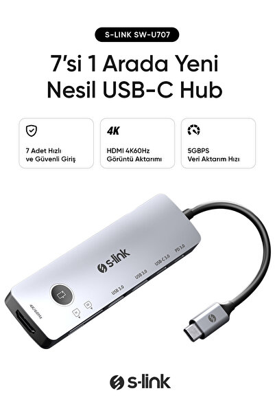 S-LINK SW-U707 HDMI OnOff Gri Metal 7 in 1 2*USB 3.0, 1*Type-C 3.1, 1*PD, 1* ...