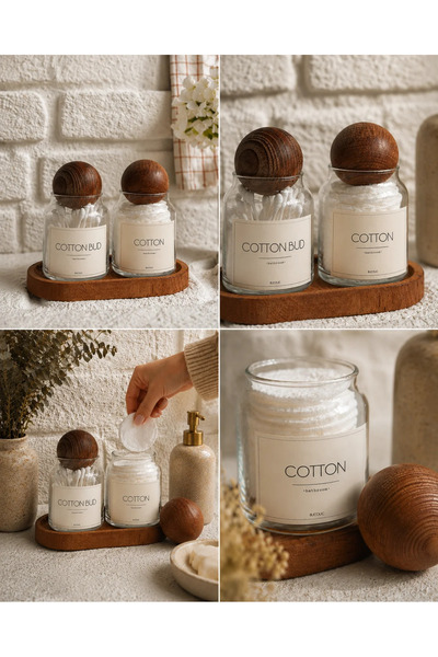 BUCOLIC 2’li Ahşap Top Kapaklı Cam Pamukluk Seti – Ahşap Standlı | Beyaz Etiket (Cotton & Cotton Bud)