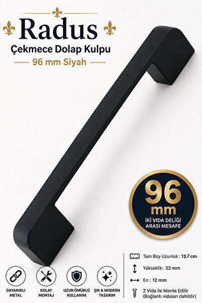 Badem10 Radus Siyah Metal Kulp 96 Mm -9.6 Cm Mobilya Mutfak Çekmece Dolabı Do...