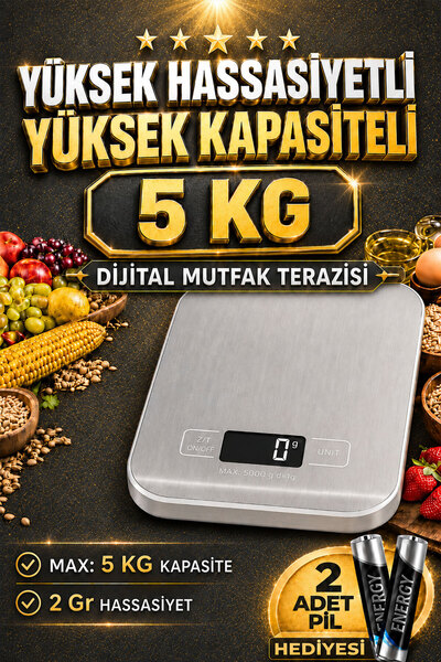 Badem10 Dijital Mutfak Terazisi 5 Kg Kapasiteli 2 Gr Hassasiyetli Paslanmaz Ç...