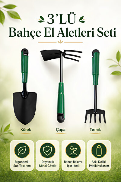 Badem10 Mini Hobi Çapa Tırmık 3'lü Set Metal Bahçe Tarla Çim Peyzaj Bitki Çiç...