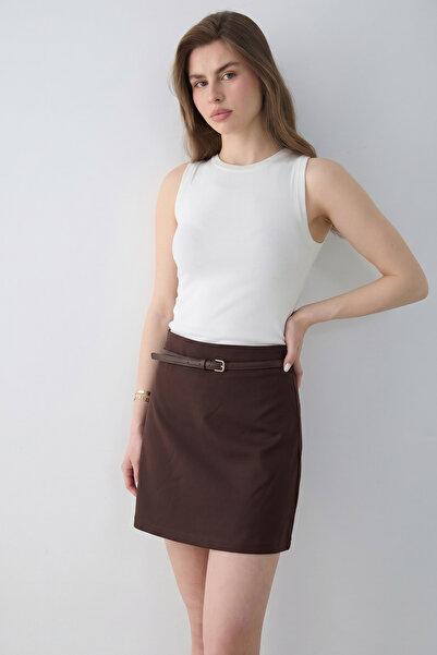 Trendyol Collection Fustă mini cu centură maro TWOSS26ET00219