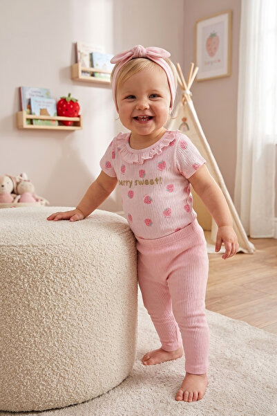 Minipodyum Kız Bebek Body Zıbın Örme Müslin Bandanalı Yazlık 3'lü Takım Pembe